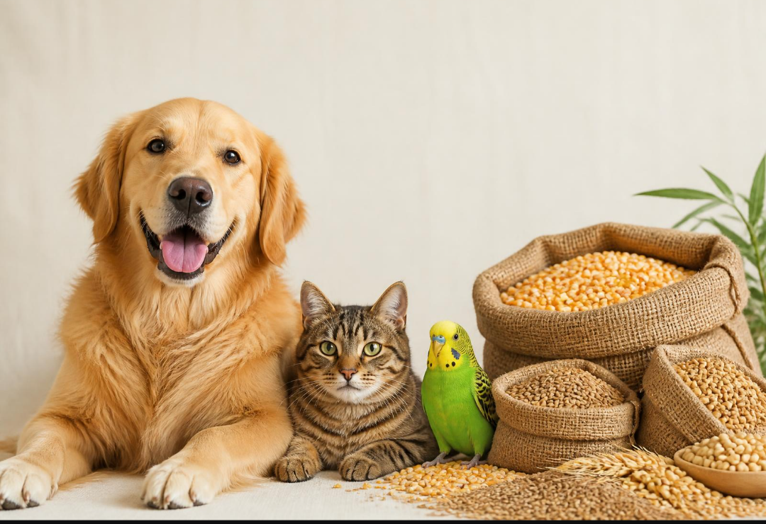 Cão, gato, pássaro e grãos